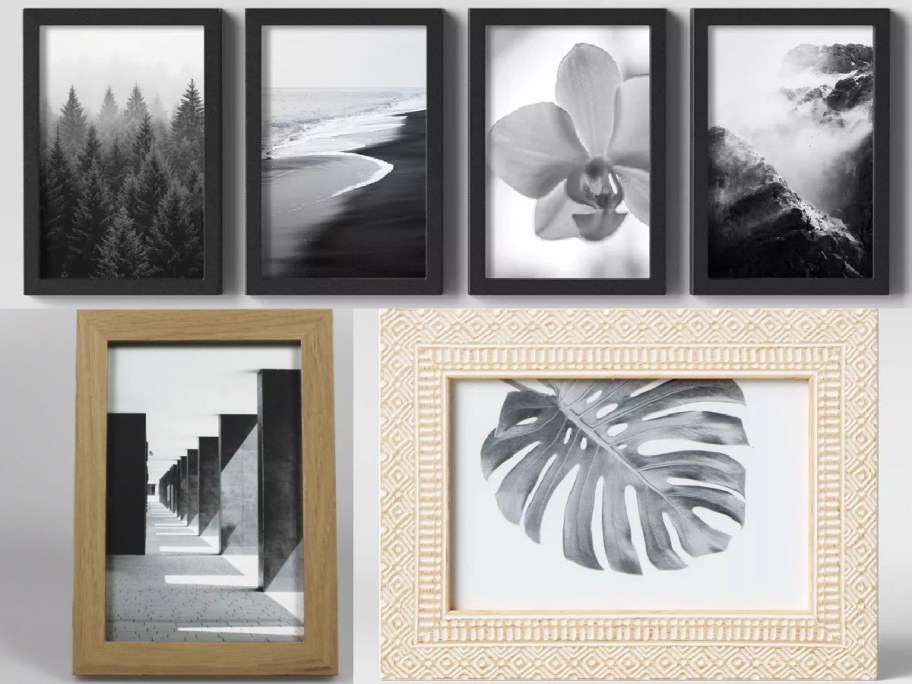 A collection of six framed black and white photographs. Images include misty trees, a beach, an orchid, mountain fog, an architectural corridor, and a leaf.