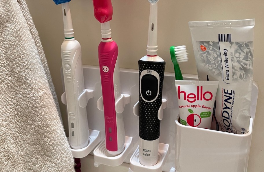 toothbrushes on wall organizer in bathroom 