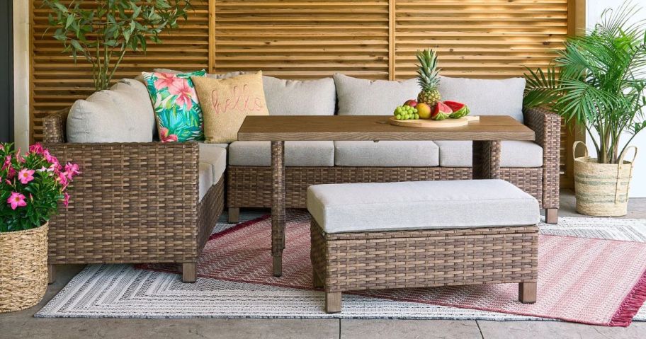 wicker patio sectional with table and ottoman