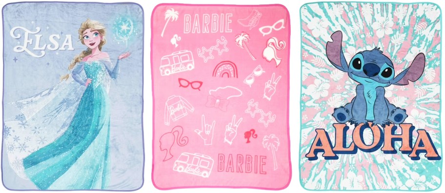elsa, barbie, and stitch throw blankets
