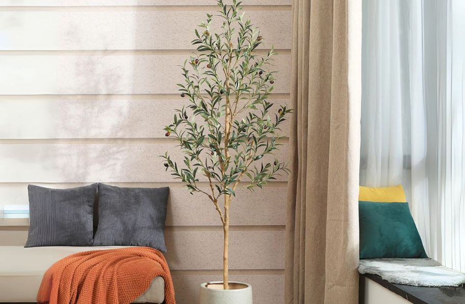 artificial olive tree next to a chaise lounge