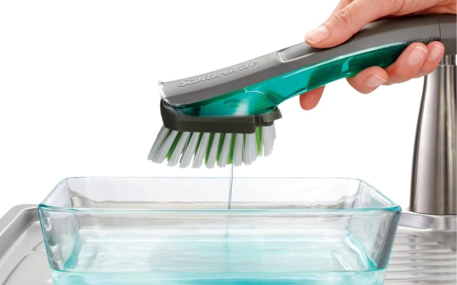 hand holding cleaning brush on top of bowl 