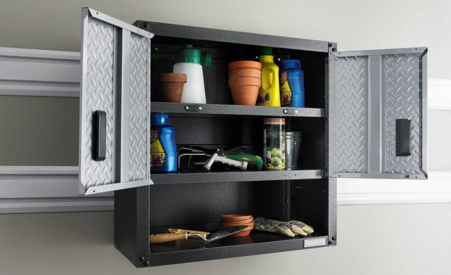 Gladiator 3/4 Door Wall GearBox 28" x 28" x 12" Wall-Mounted Steel Garage Cabinet on wall in garage