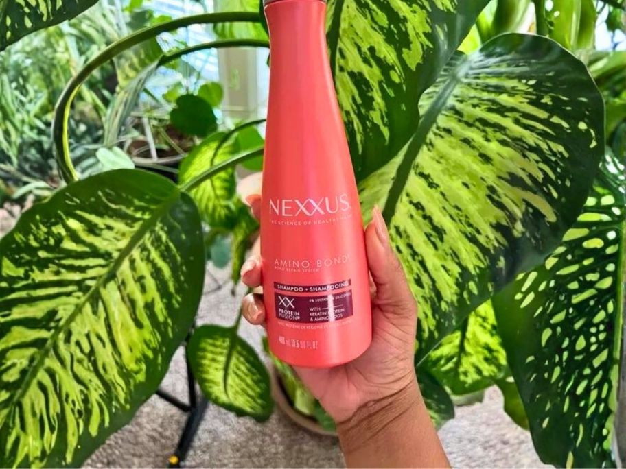 hand holding Nexxus Shampoo Amino Bond 13.5oz bottle in front of plant