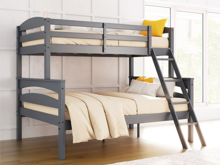 grey twin over full bunk bed in bedroom