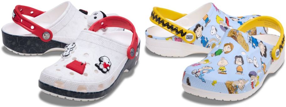 2 pairs of Crocs shoes with Peanuts cartoon characters on them 