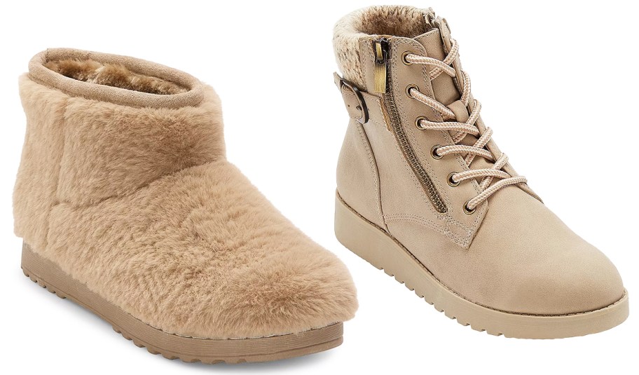 tan fuzzy short boot and tan ankle boot