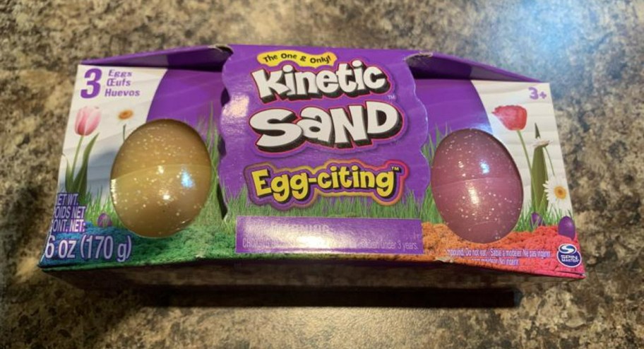 a pack of kinetic sand Easter Eggs on a counter