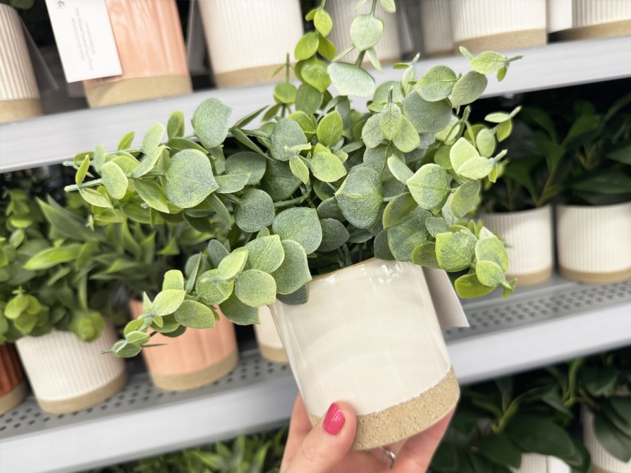 hand holding up a faux plant in a white ceramic pot
