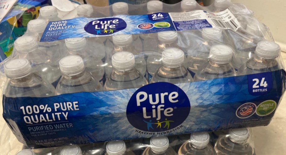 package of nestle pure life 8oz water bottles stacked on top of each other