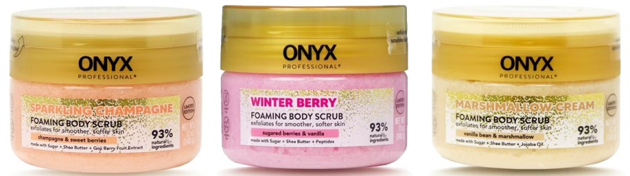 3 jars of ONYX Professional Foaming Body Scrubs