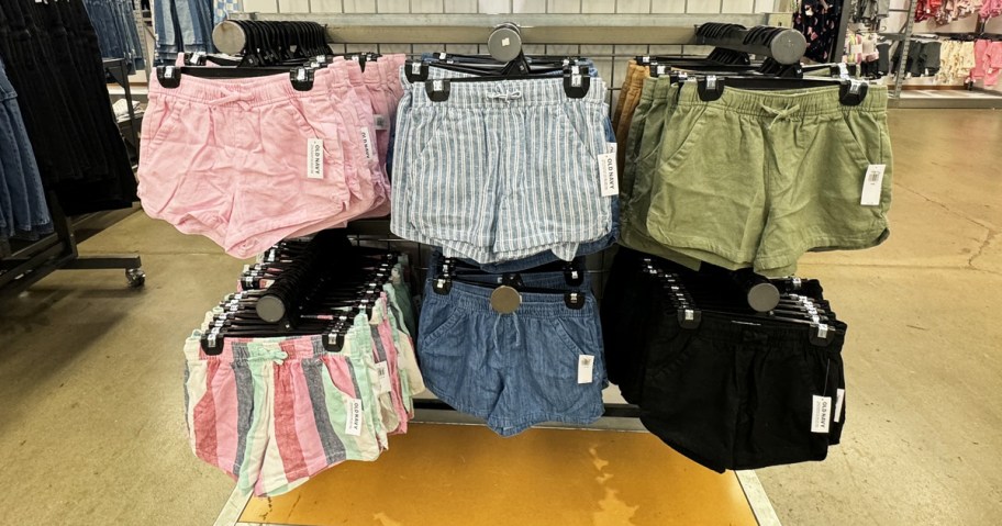 girls shorts on display wall in old navy