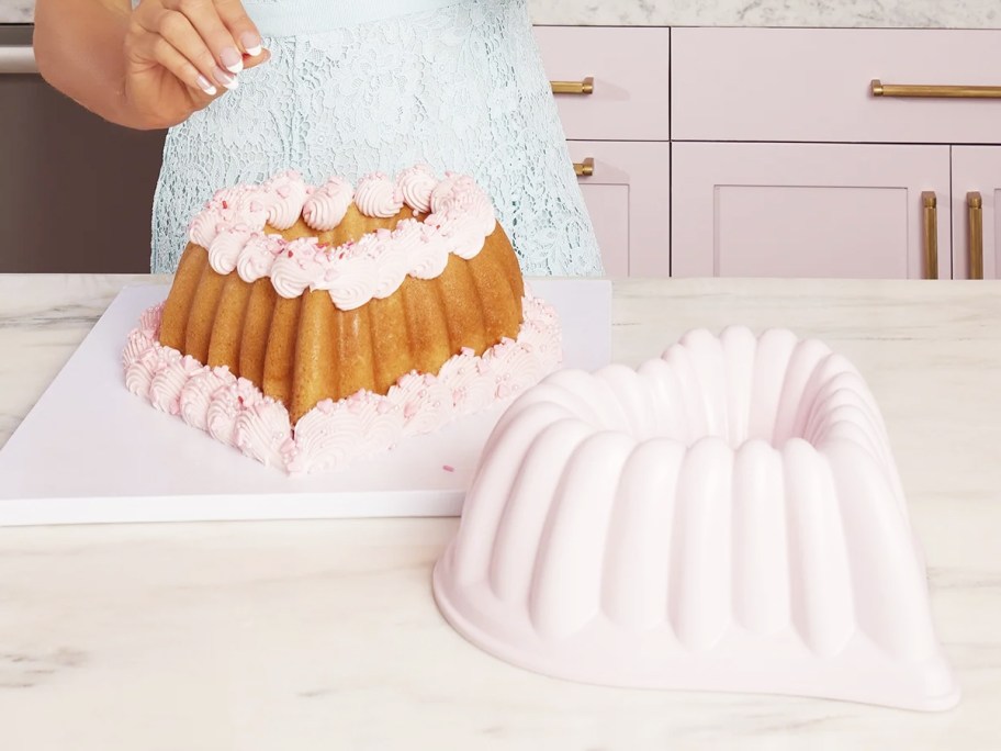 Heart-Shaped Fluted Pan near a heart-shaped bundt cake