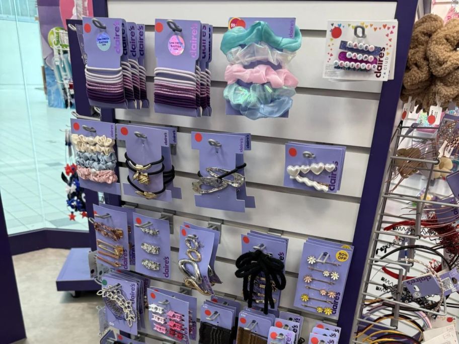 in-store image of Claires showing jewelry and hair items
