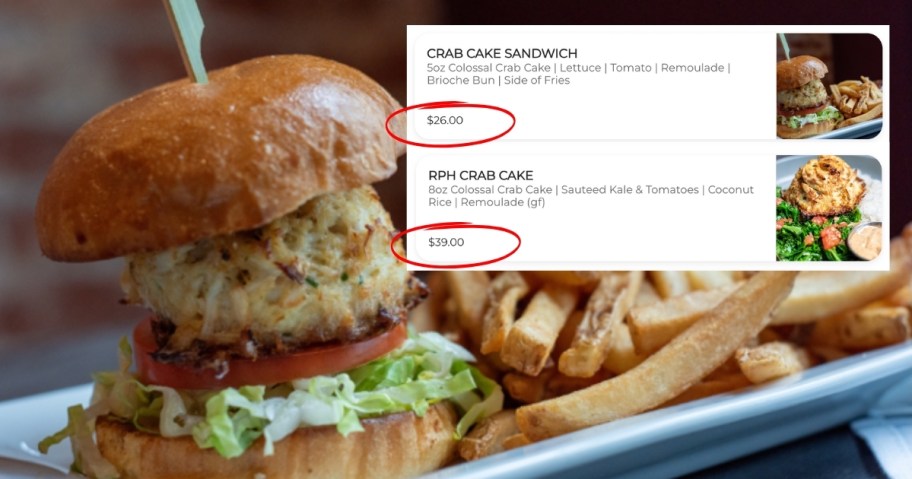 crabcake background with price differences of dinner entree vs sandwich