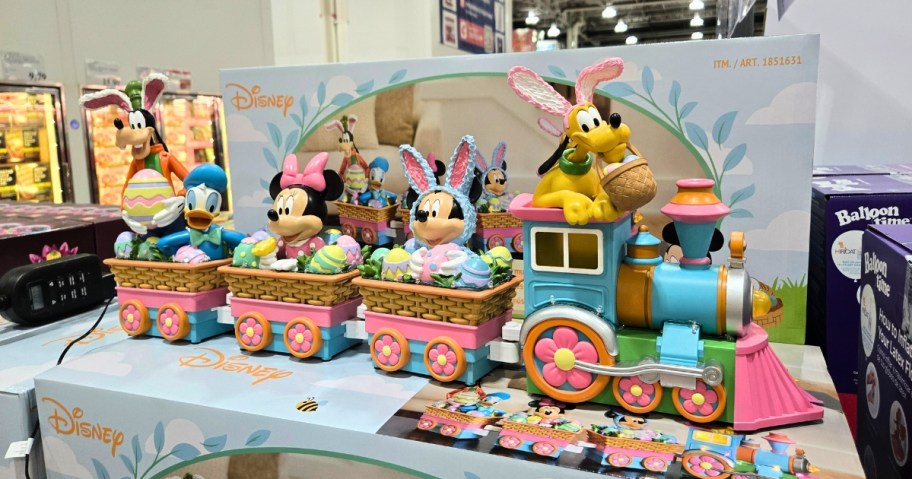 a Disney Mickey and Friends Easter Spring train decor set on display at Costco