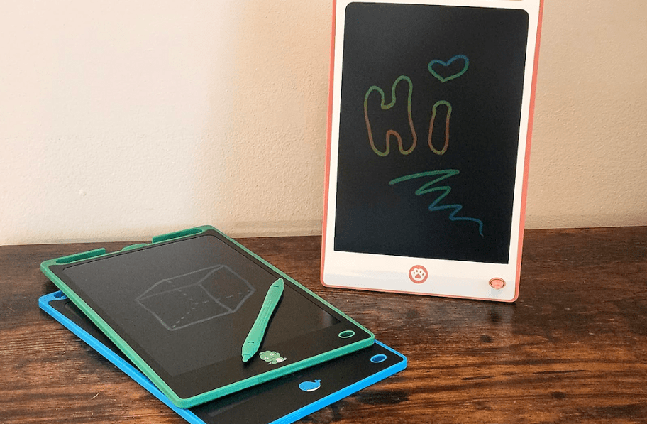 three magic doodle boards in blue, green, and pink
