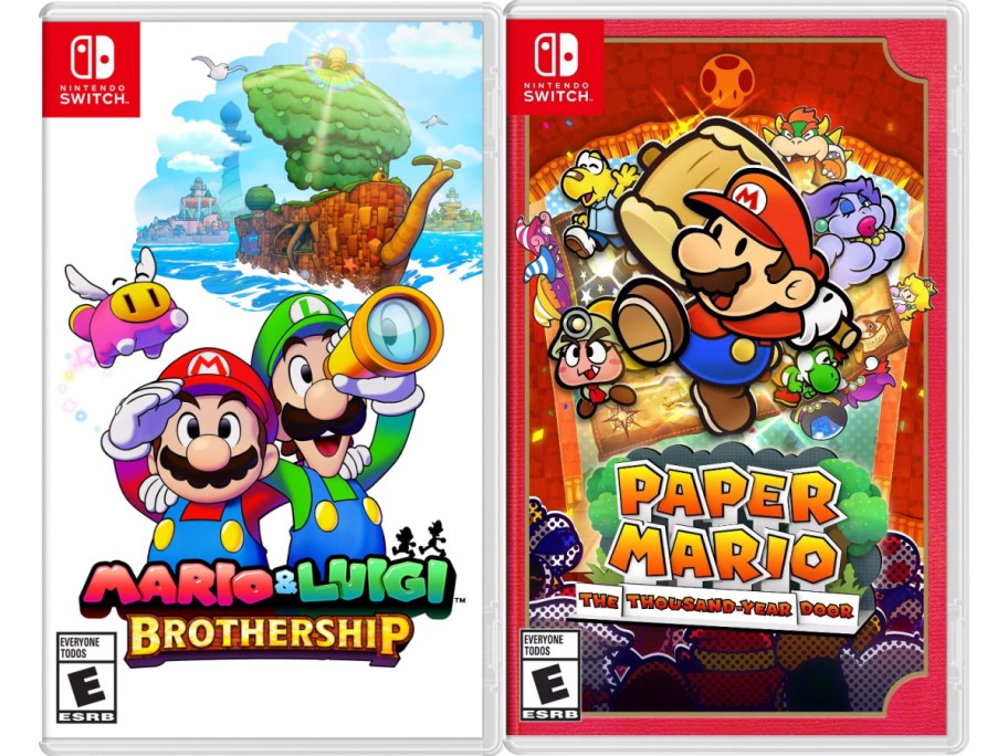 Two Nintendo Switch game covers: "Mario & Luigi Brothership" with Mario and Luigi adventuring; "Paper Mario The Thousand-Year Door" featuring a stylized Mario in a vibrant, colorful scene.