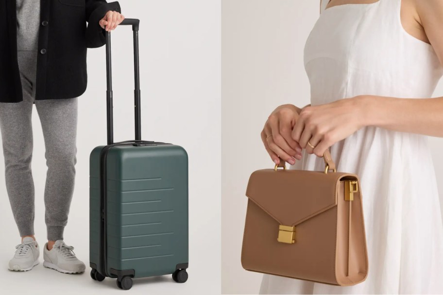 person holding green suitcase and woman holding tan leather purse