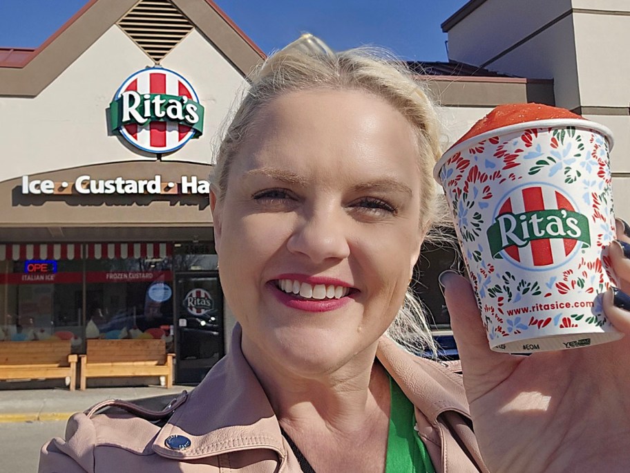 woman holding cup of ritas italian ice