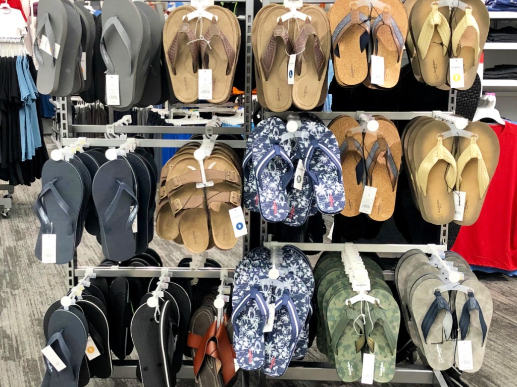 Target store, display of men's sandals and flip-flops in different styles and colors