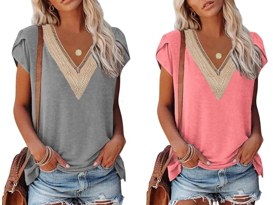 2 women wearing vneck short sleeve tops