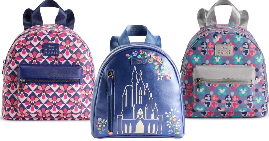 stock images of three disney backpacks in minnie mouse, a princess castle, and mickey mouse print