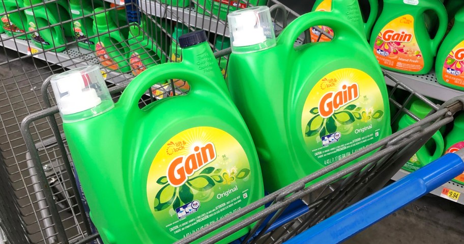 two large green bottles of Gain Laundry Detergent in shopping cart