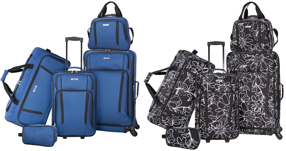 solid blue and black/white floral print luggage sets