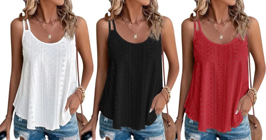 three women wearing tank tops in white, black, and red