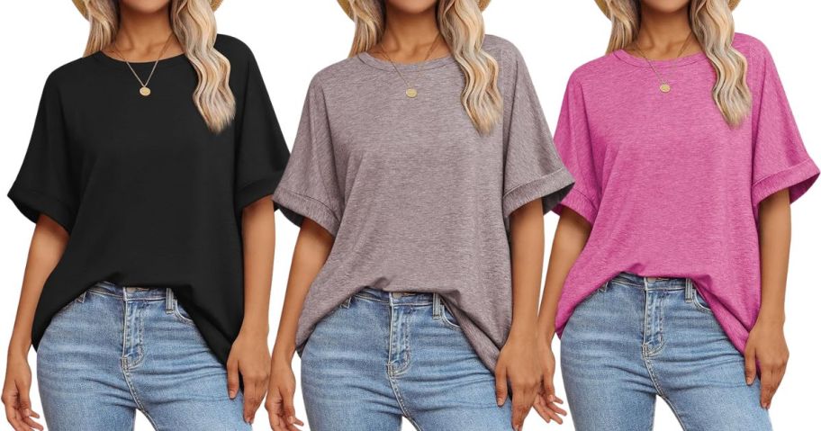 three women wearing oversized t-shirts in black, purple, and pink