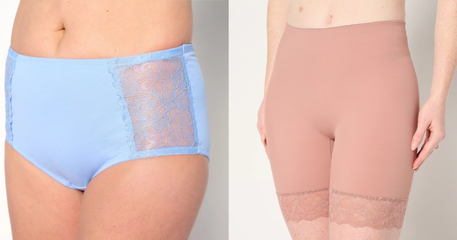 woman wearing blue hipster underwear and woman wearing pink slip shorts