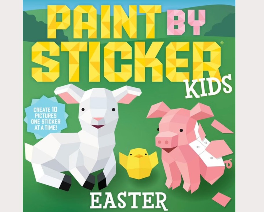 paint by sticker book with lamb and pig on it