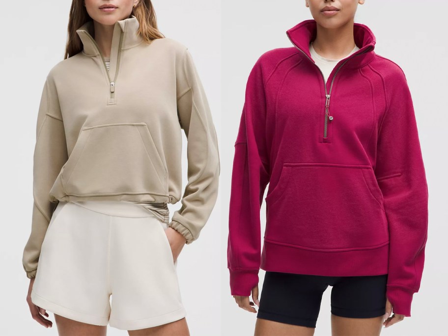 two women wearing tan and pink jackets 