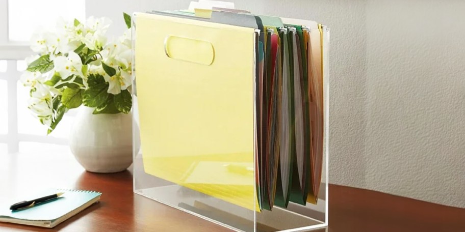 clear hanging organizer with folders inside 