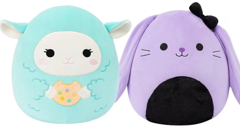 blue lamb and purple bunny plushes 