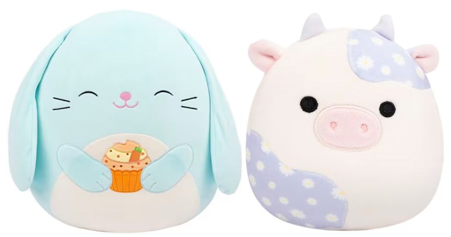 blue bunny and floral cow plushes 
