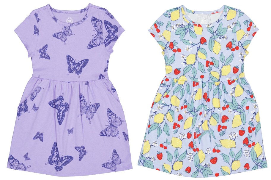 purple butterfly and lemon print girls dresses