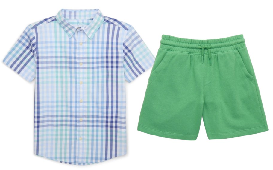 blue stripe boys shirt and green shorts