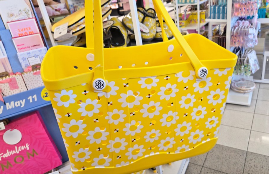 yellow and white floral print tote bag