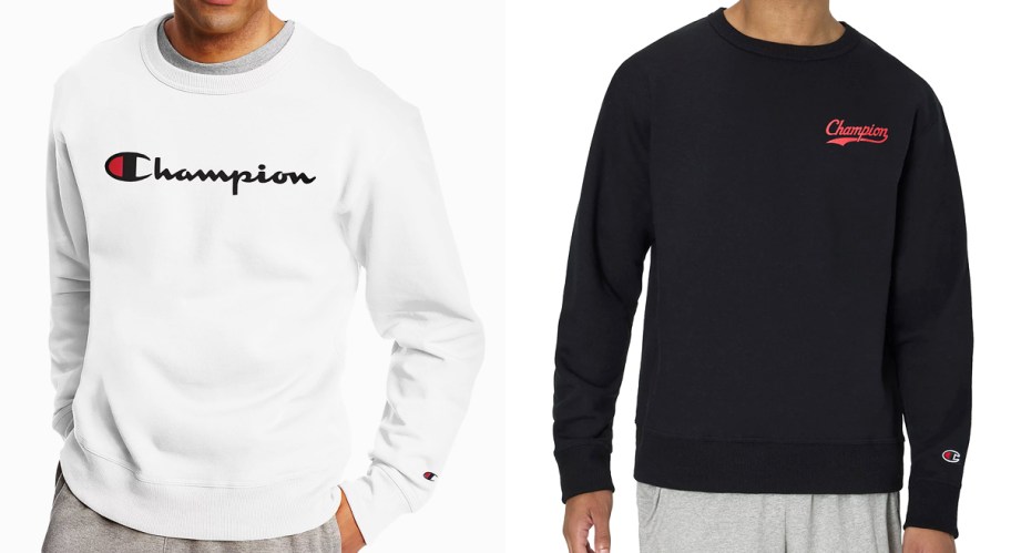 men in white and black champion sweatshirts