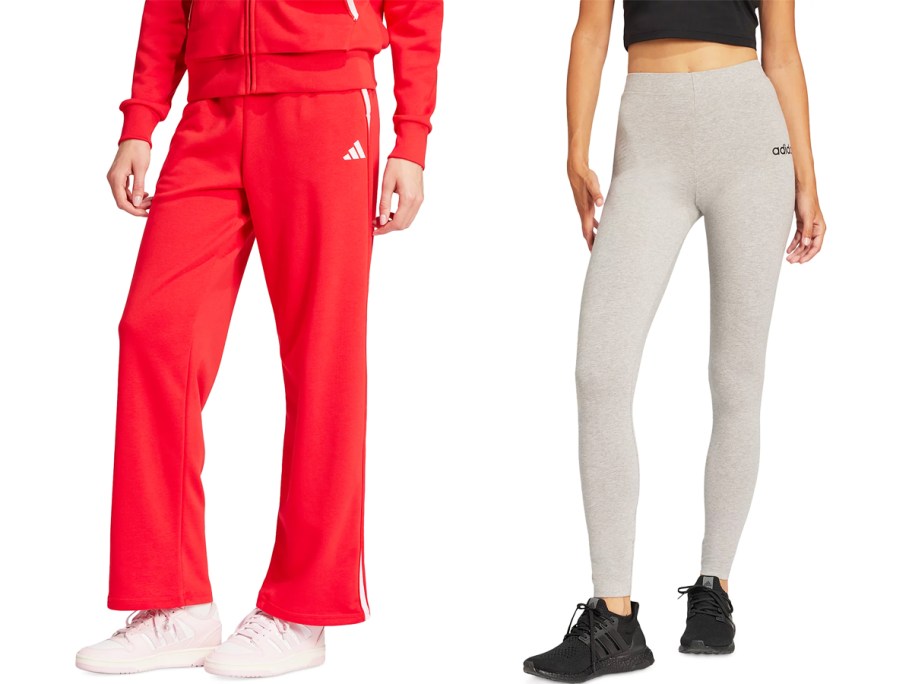 women in red pants and grey leggings
