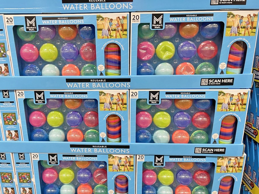stacked boxes of Member's Mark Self-Sealing Reusable Water Balloons in store