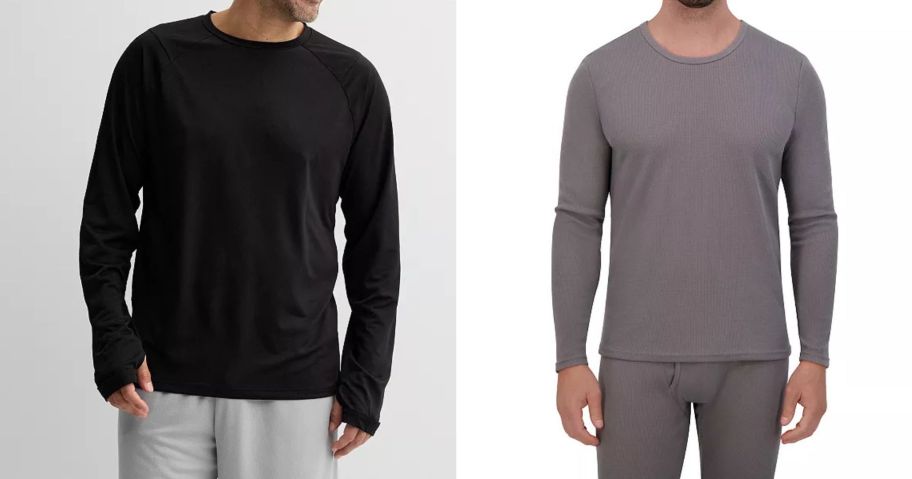 two men wearing long sleeve tees in black and grey