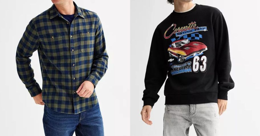 two men wearing a plaid button down shirt and another wearing a graphic long sleeve fleece