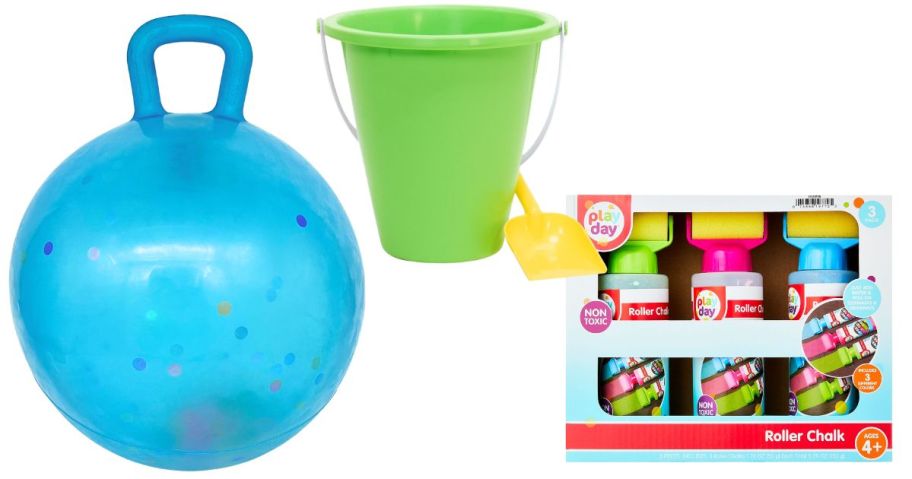 blue LED Bouncer, green bucket and yellow shovel, and Roller Chalk 3-Piece Set