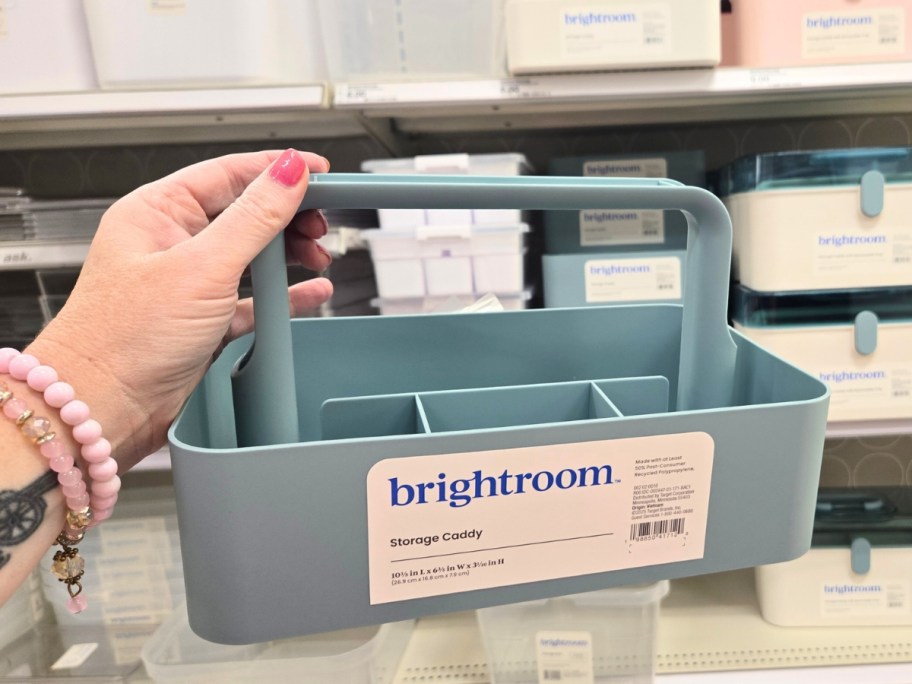 hand holding a divided storage caddy with a handle in a store