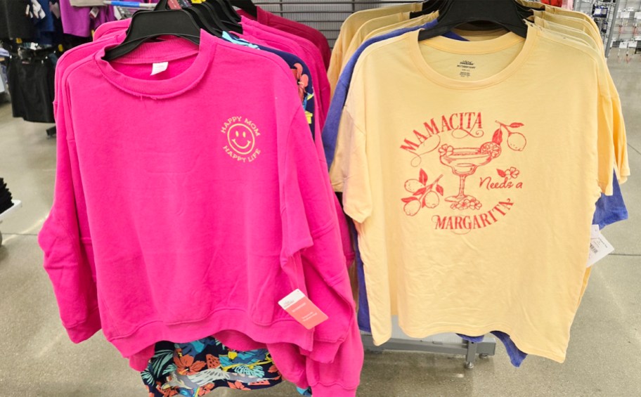 pink sweatshirt and yellow mom tee