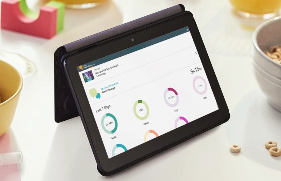 amazon fire tablet propped up in case on counter