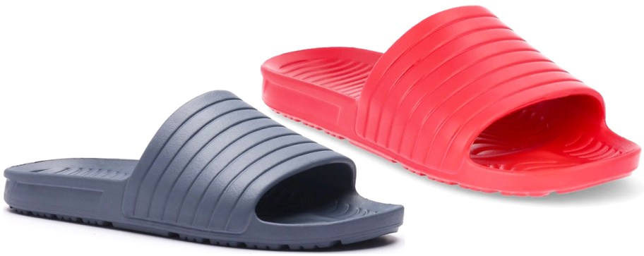 navy blue and red slide sandals